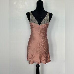 Victoria’s Secret Sunset Pink Silk Slip Dress featuring Floral Embroidery Cup M